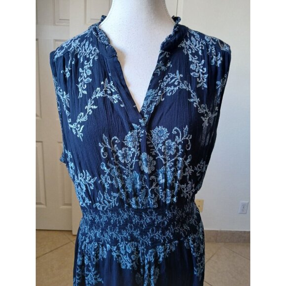 Bila Womens Maxi Dress L Blue Floral Smocked Split Neck Sleeveless Double Slit - Picture 4 of 16